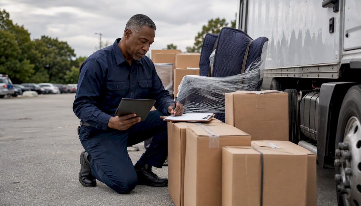 Mover checking inventory at loading dock