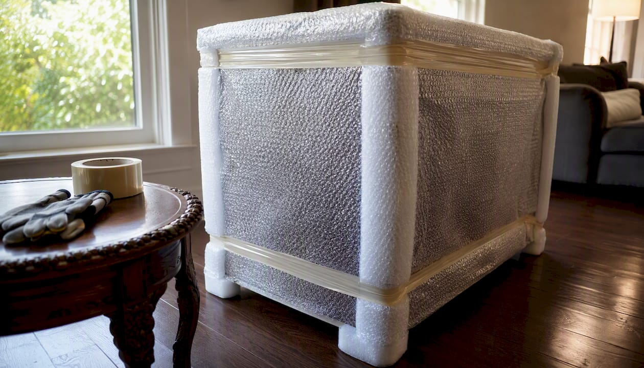 Antique dresser wrapped with foam and bubble wrap