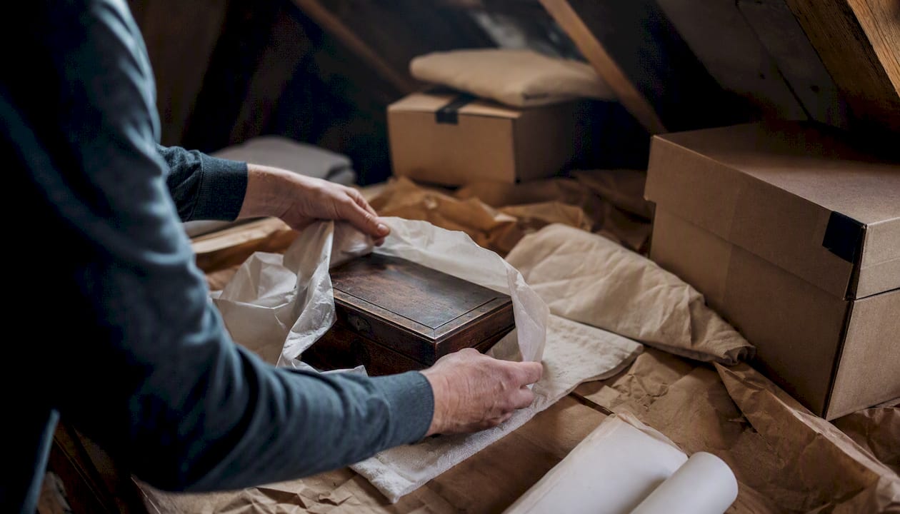 Hands wrapping antique wooden box for storage