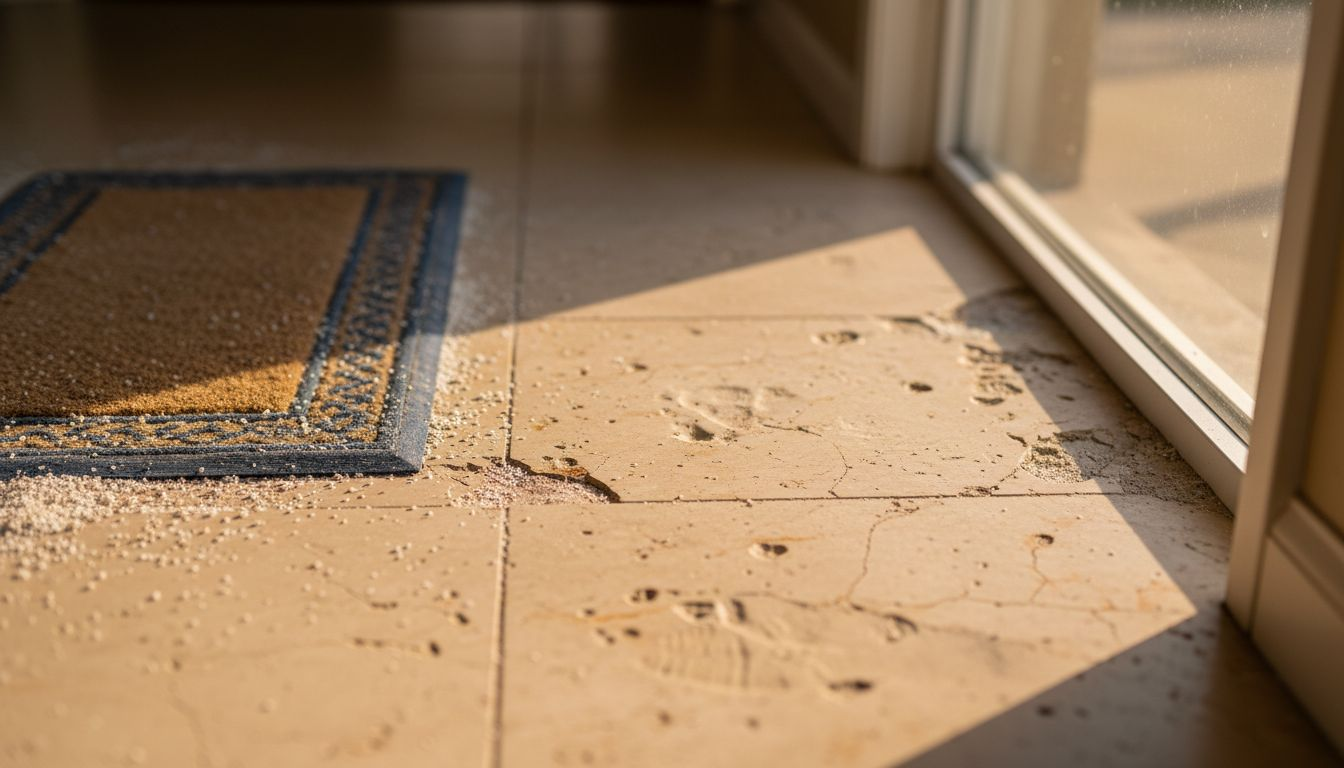 Close-up of damaged travertine tile surface