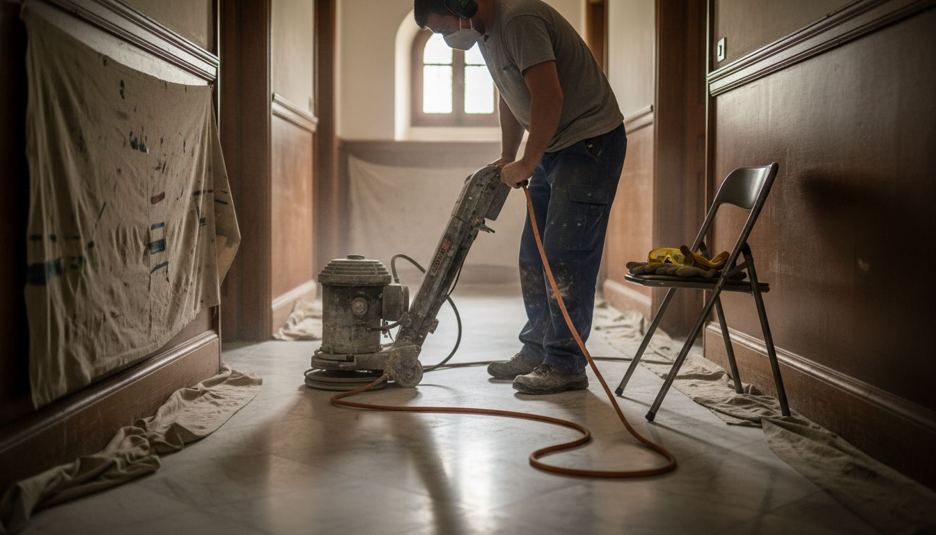 Worker using floor grinder on marble hallway