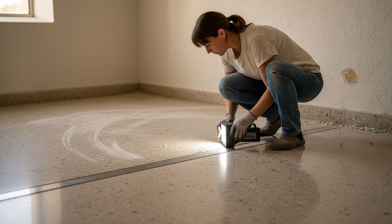 Inspecting terrazzo restoration work at floor junction