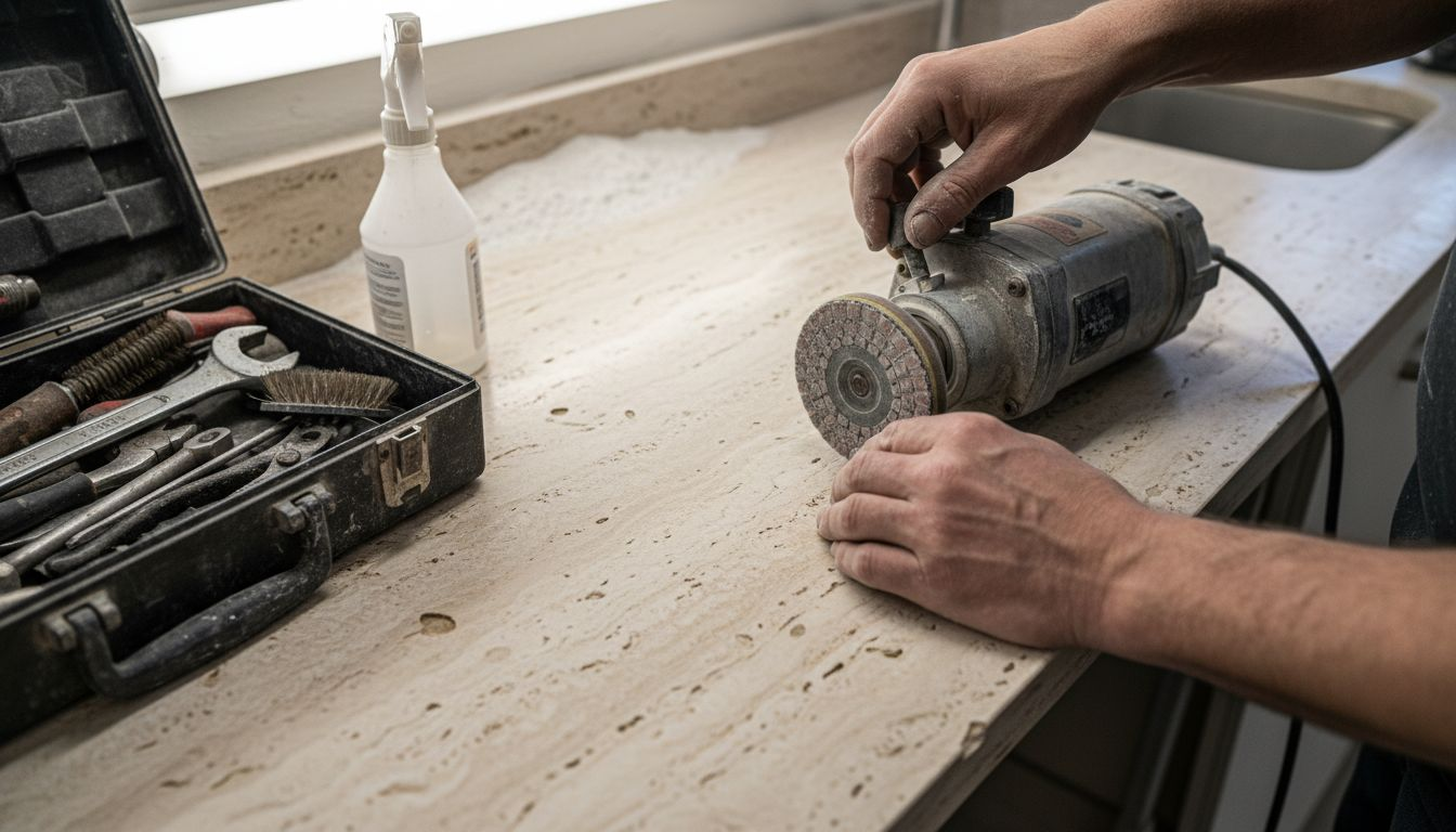 Hands adjusting diamond polishing pad