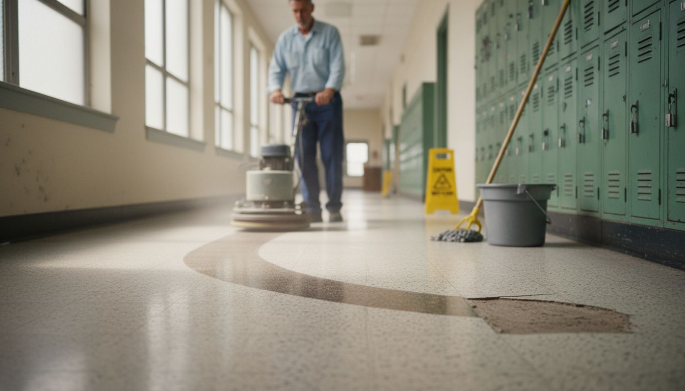 Worker buffing scratched, stained terrazzo floor
