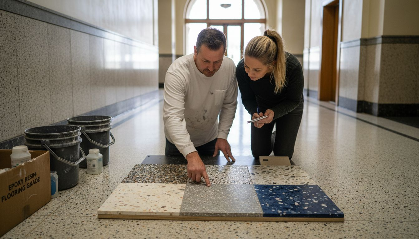 Specialists reviewing terrazzo finish samples