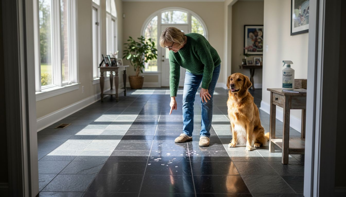 Homeowner checks granite and slate floors