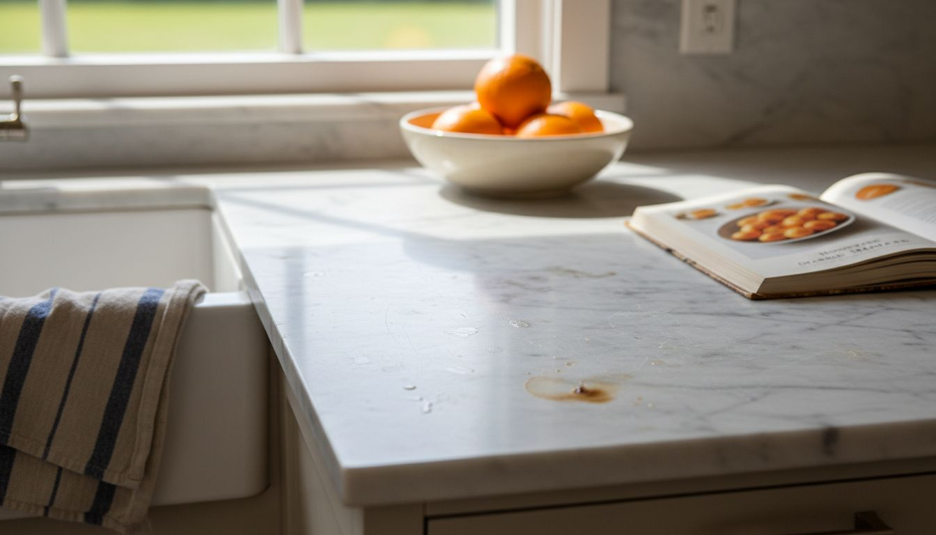 Worn marble countertop with scratches and stains