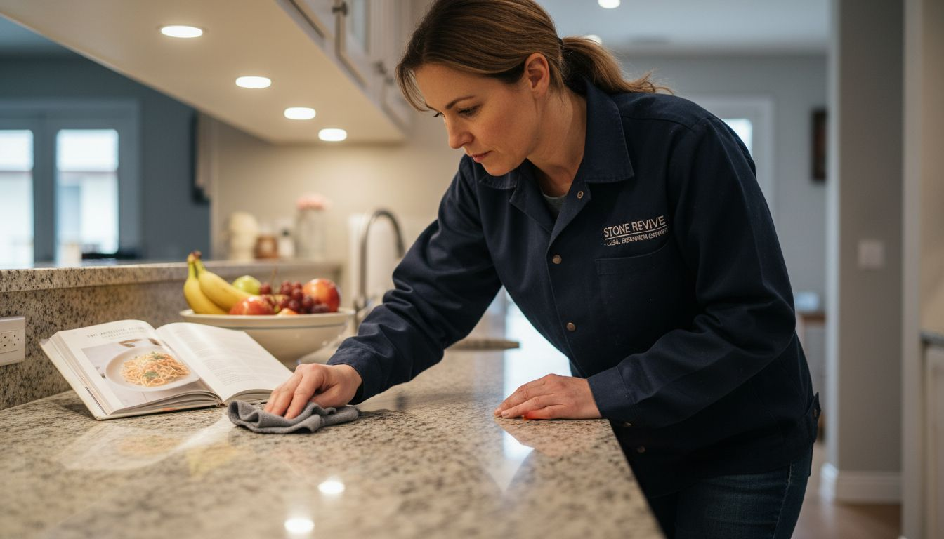 Inspector cleaning granite kitchen countertop