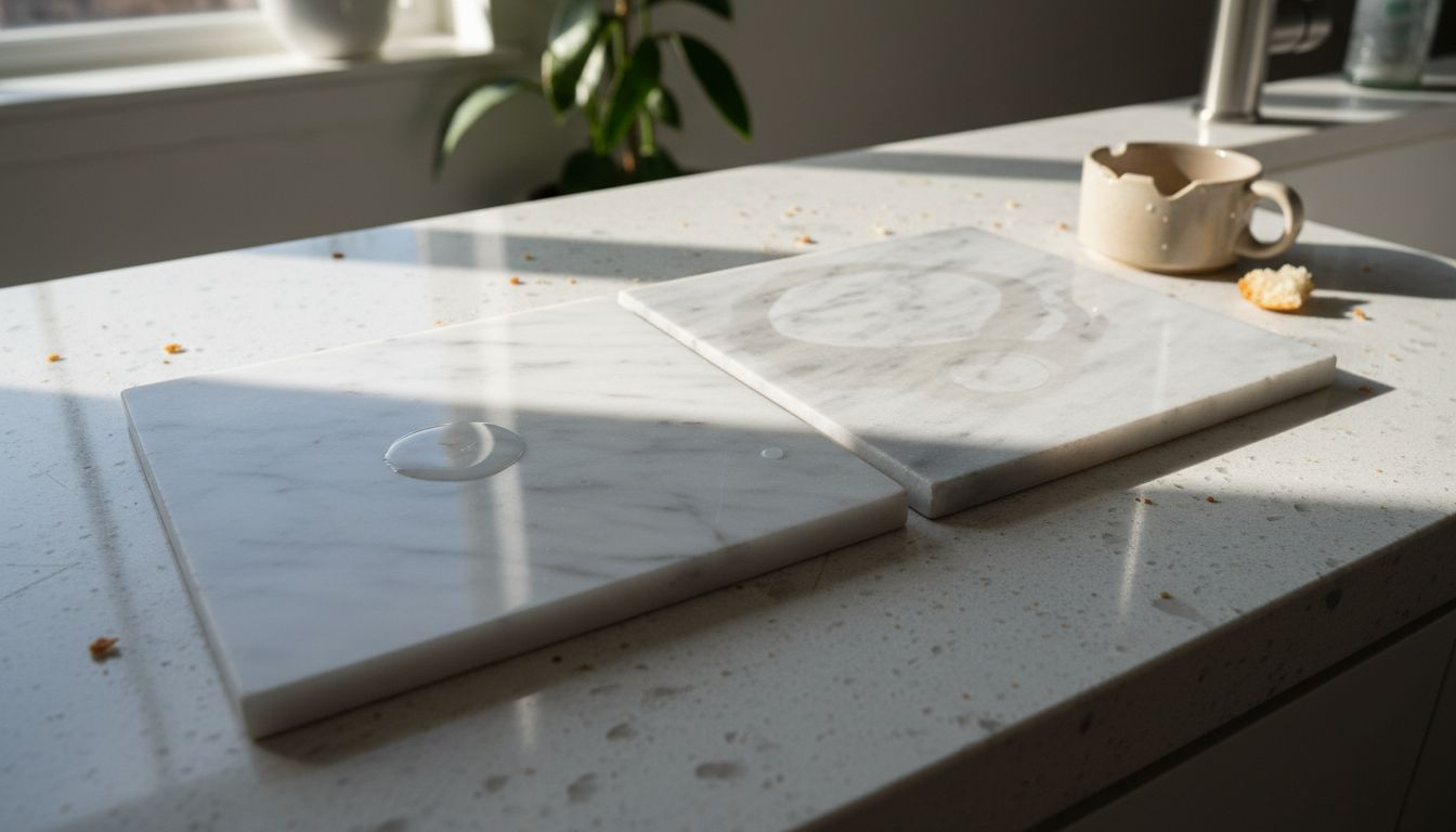 Marble tiles comparing sealed and unsealed surfaces