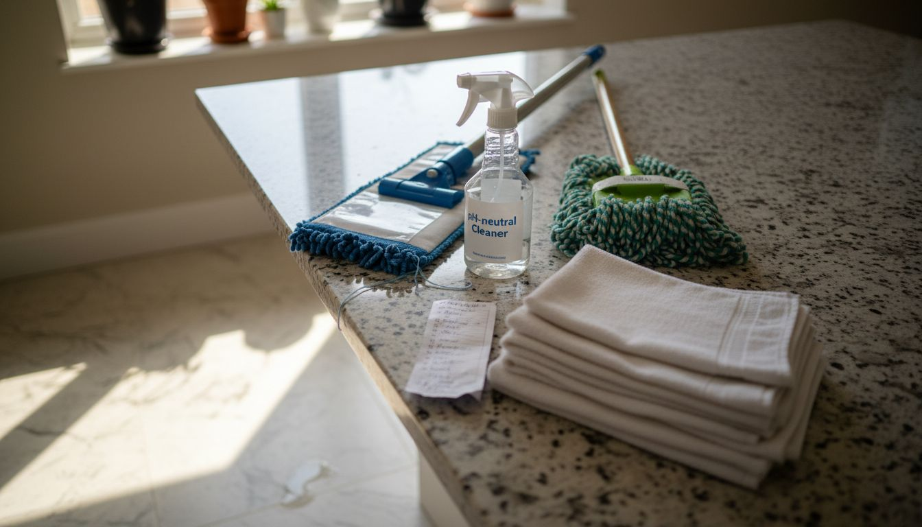 Marble-safe cleaning tools on kitchen island