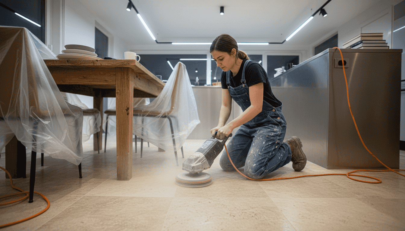 Honing travertine tiles with floor machine