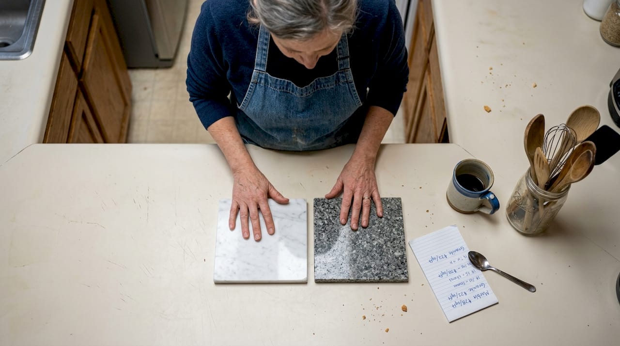 Woman comparing marble and granite tiles