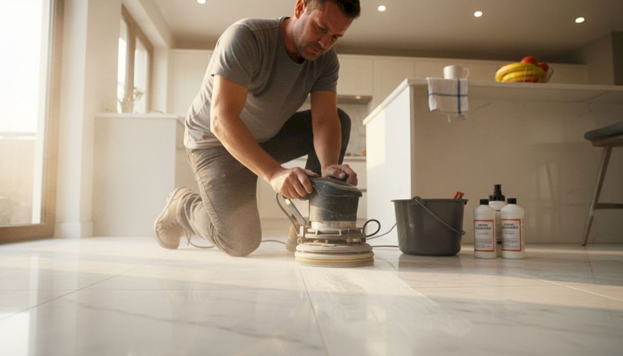 Technician honing marble tiles in bright kitchen