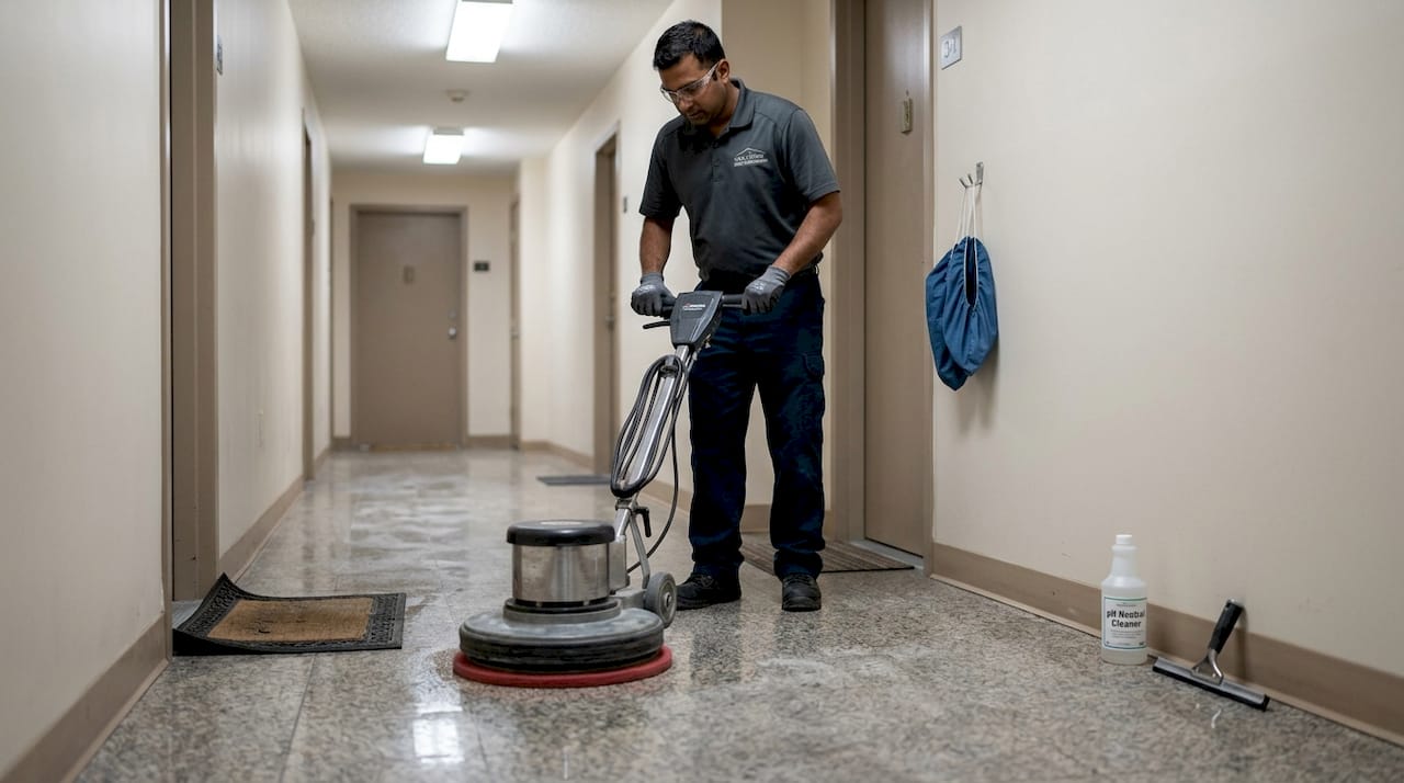 Technician buffing granite hallway floor