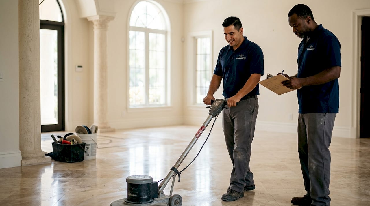 Professional team restoring stone floor in foyer