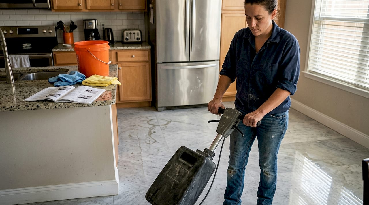Stone restorer polishing kitchen marble floor