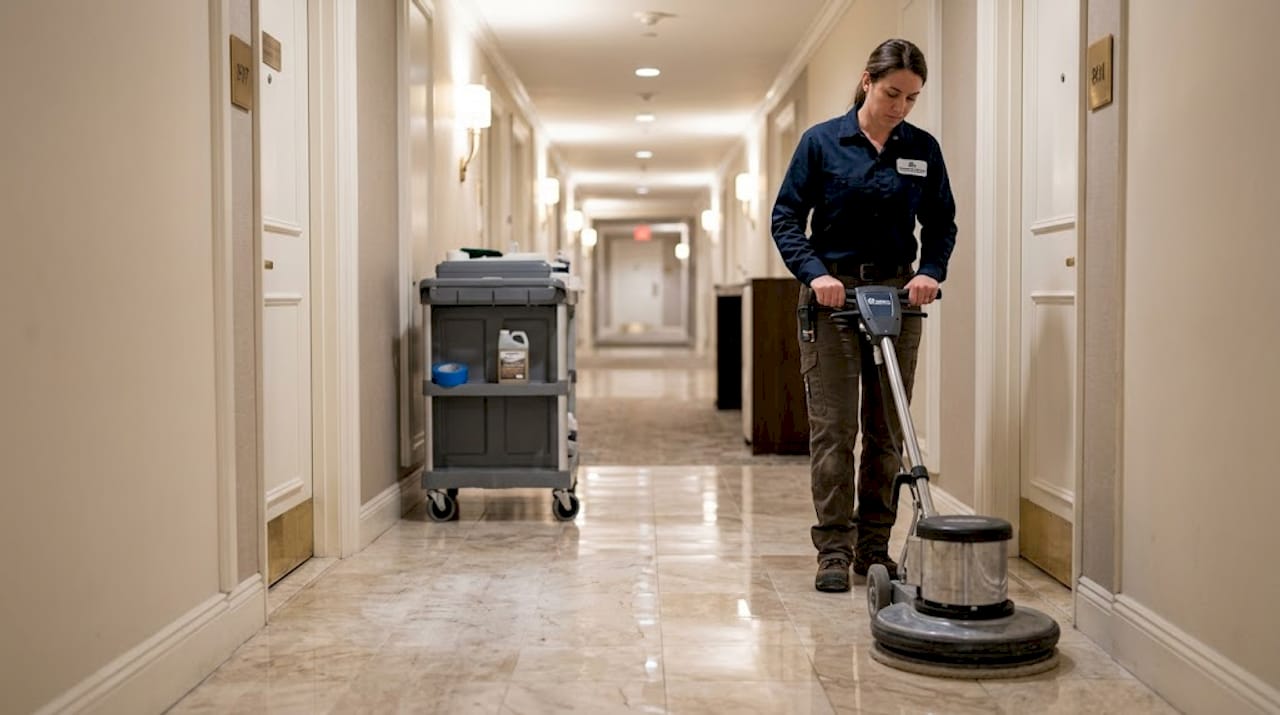 Maintenance worker sealing marble in hotel corridor