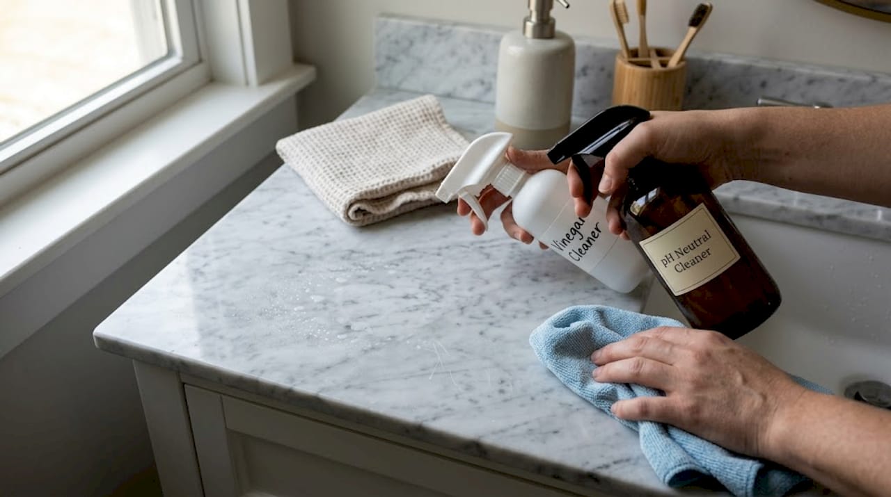 Hands showing safe and unsafe stone cleaners
