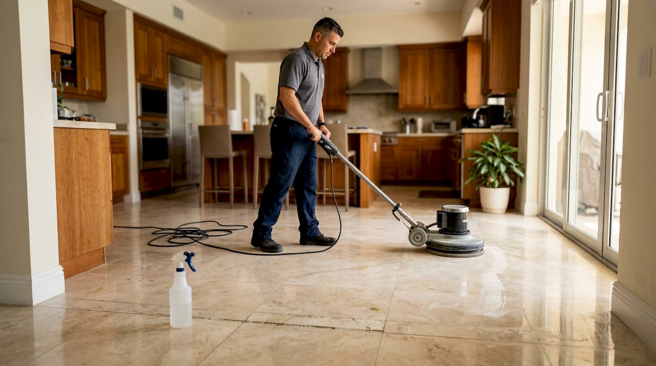 Professional honing marble floor in kitchen