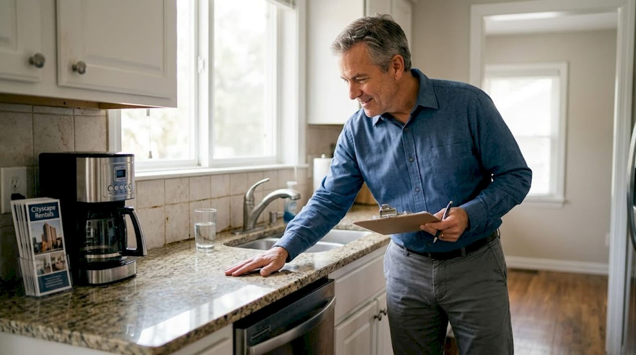 Owner inspects newly restored granite countertop