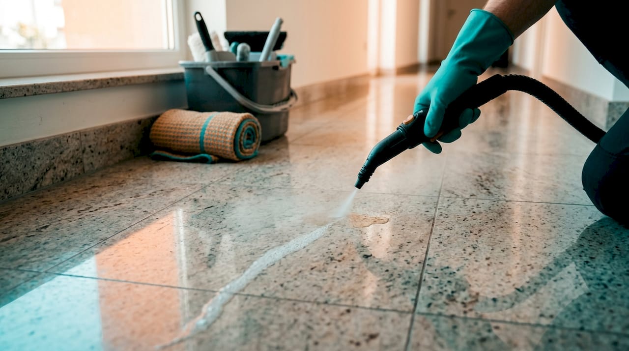 Steam cleaner treating stain on granite floor