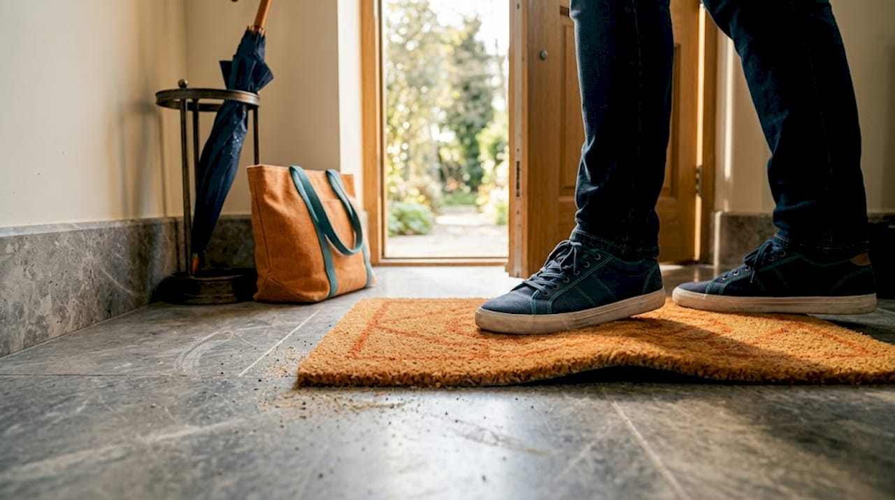 Shoes wiping on mat by stone entryway
