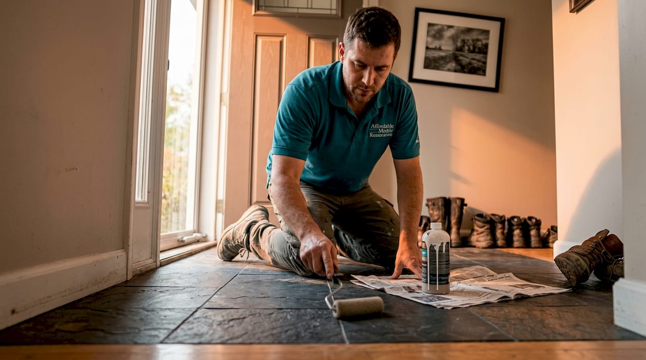 Man sealing slate tile at home entryway