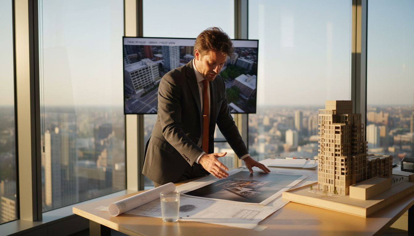 Architect examining photorealistic building render