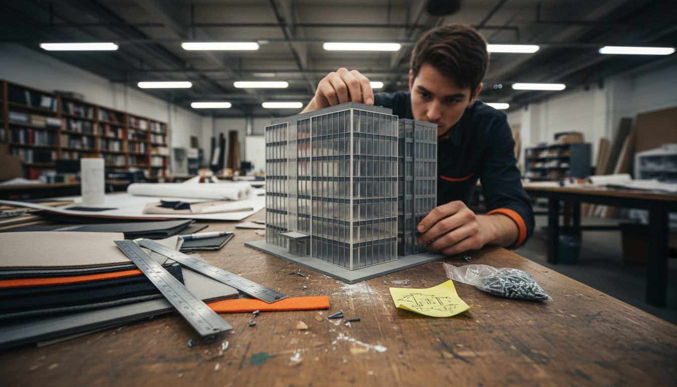 Designer adjusting model with material samples