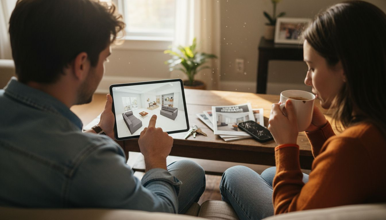 Couple reviewing 3D walkthrough on tablet