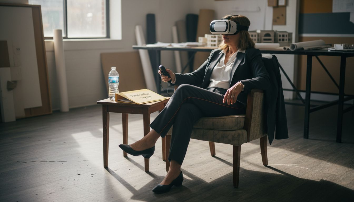 Client reviews design in VR headset at studio