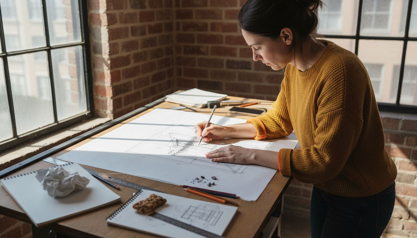 Architect hand sketching building concepts