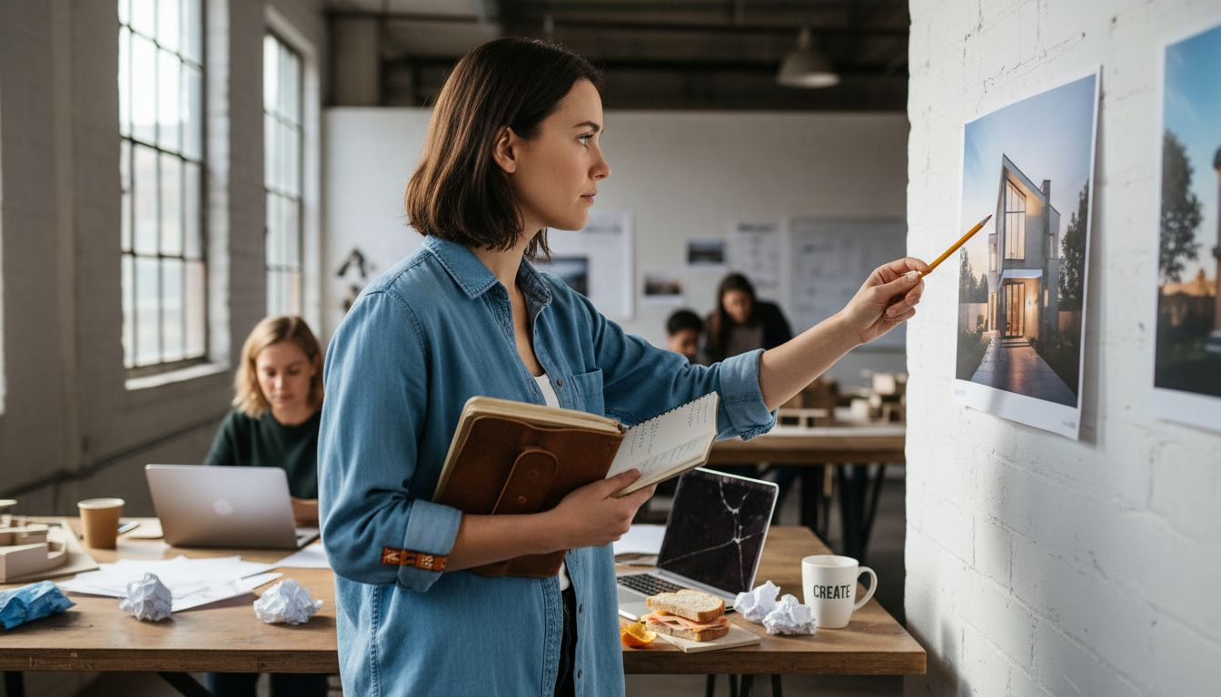 Designer comparing printed rendering with notes