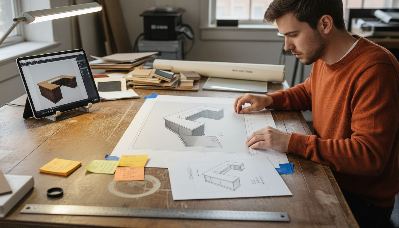 Architect comparing 2D renderings at desk