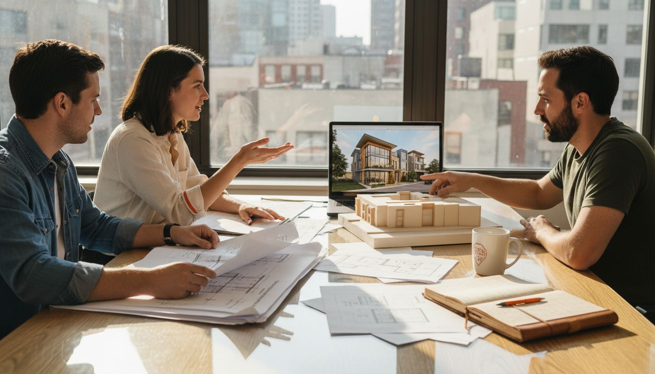 Architects collaborating around design table