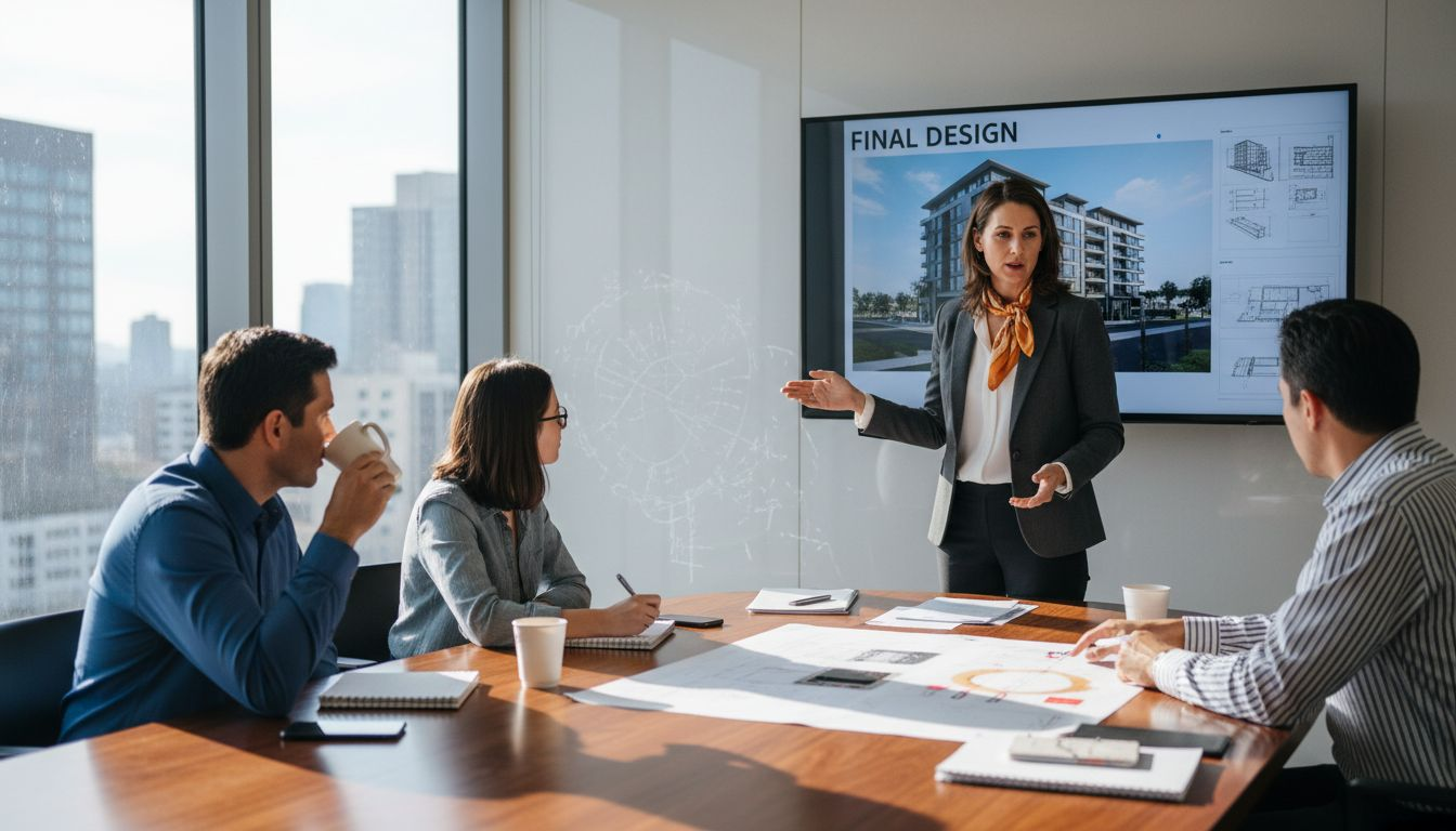 Team discussing architectural renderings in meeting