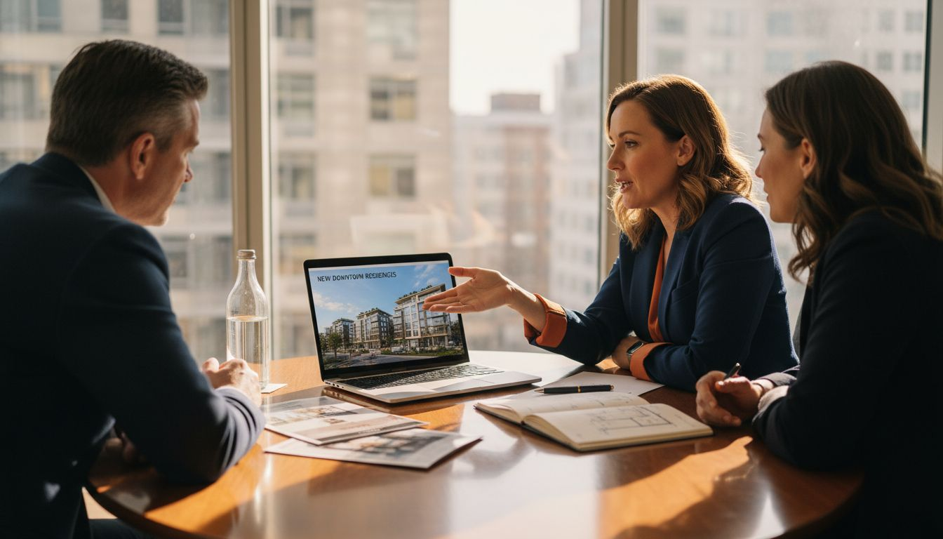 Agent shows 3D condo rendering to clients