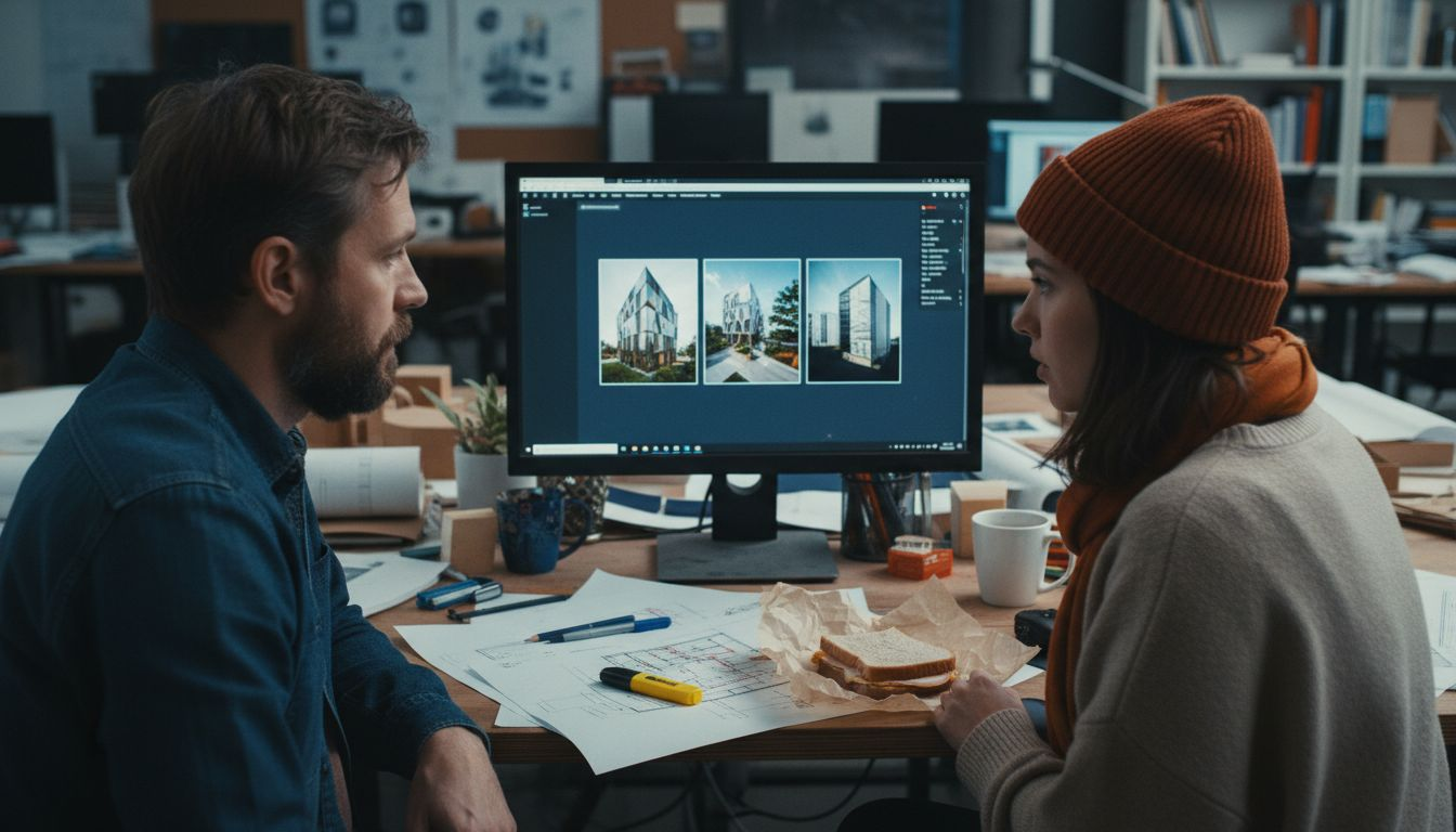 Architects reviewing visualizations on computer monitor