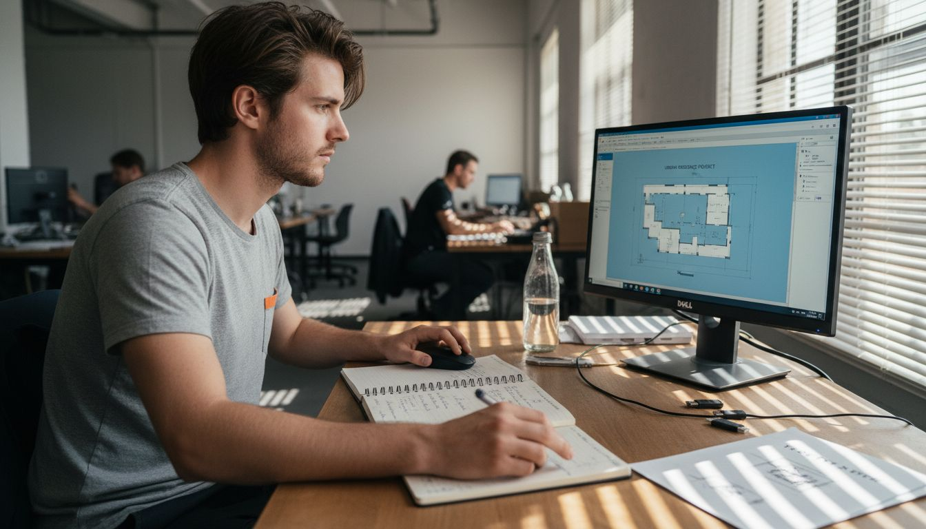Designer reviewing software for floor plans