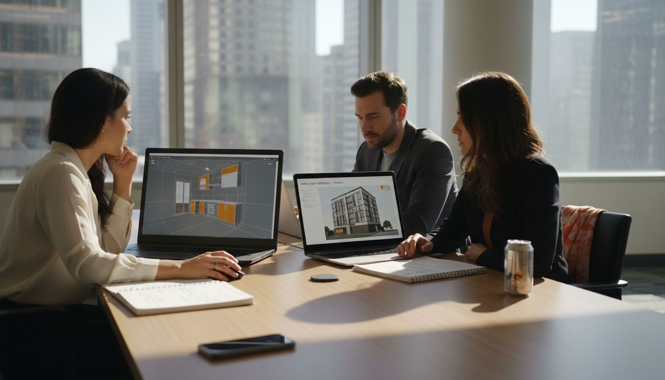 Team interacting with 3D walkthrough models