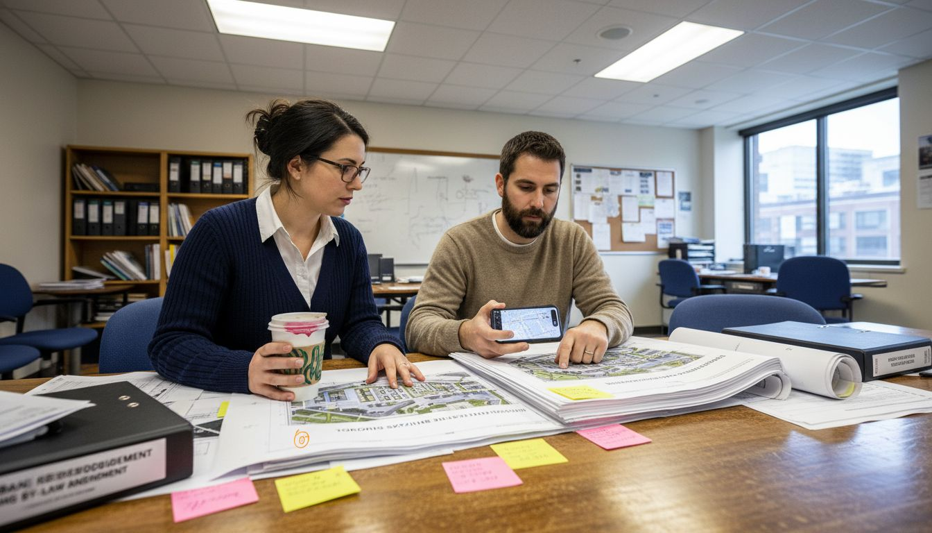 City planners at table reviewing digital building renderings