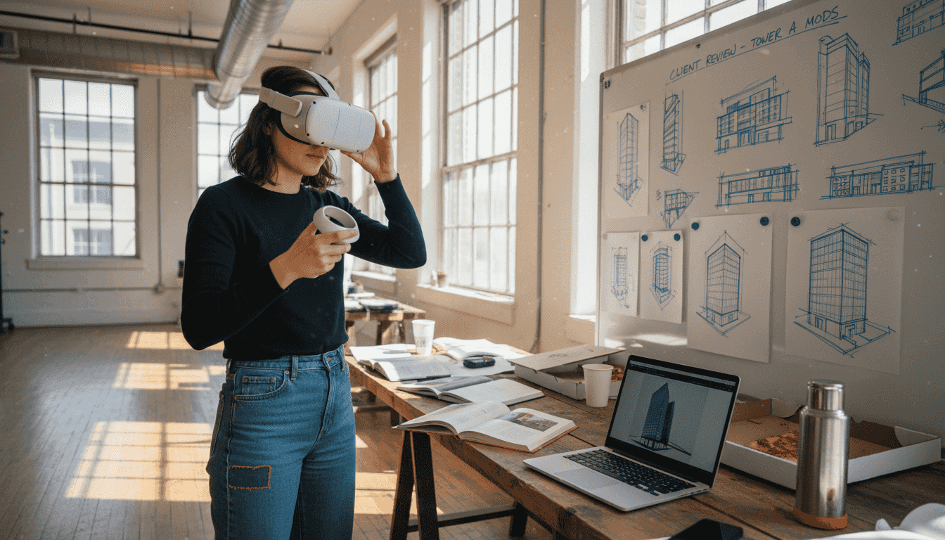 Designer previews 3D building in VR headset
