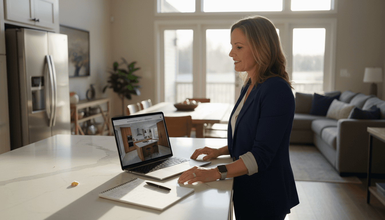 Architect explaining 3D kitchen rendering