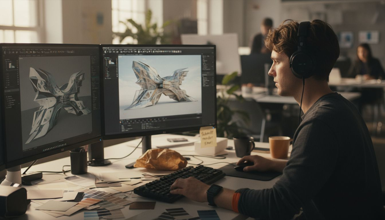 Architect designing 3D model at cluttered desk