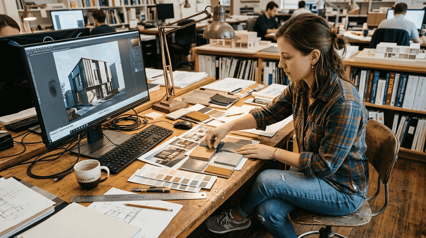 Designer working on material swatches for rendering