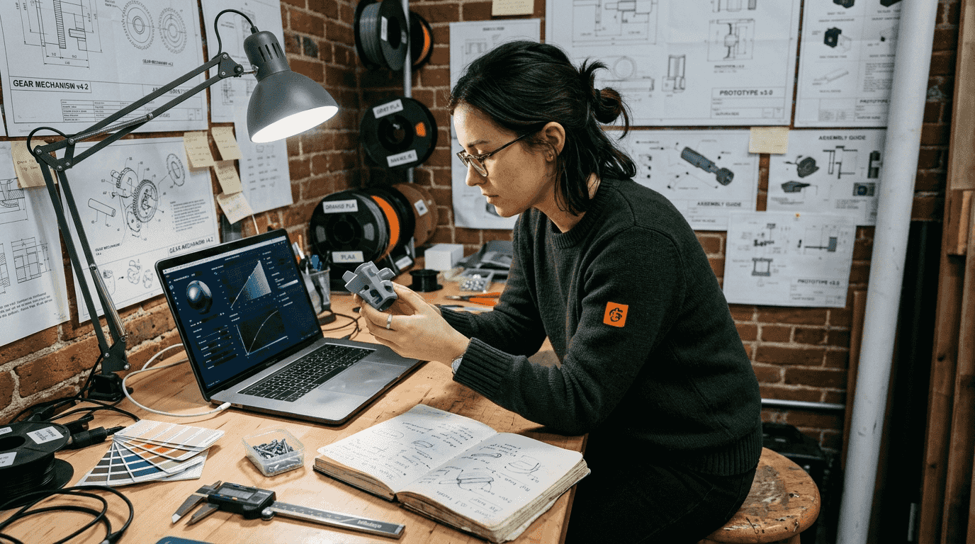 Designer comparing physical model and 3D materials