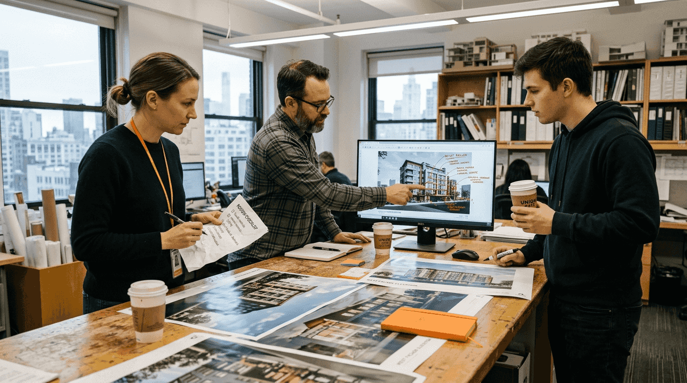 Team reviews architectural render checklist together