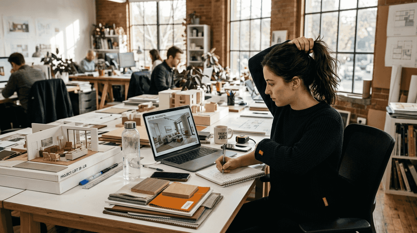 Designer reviewing 3D render workspace