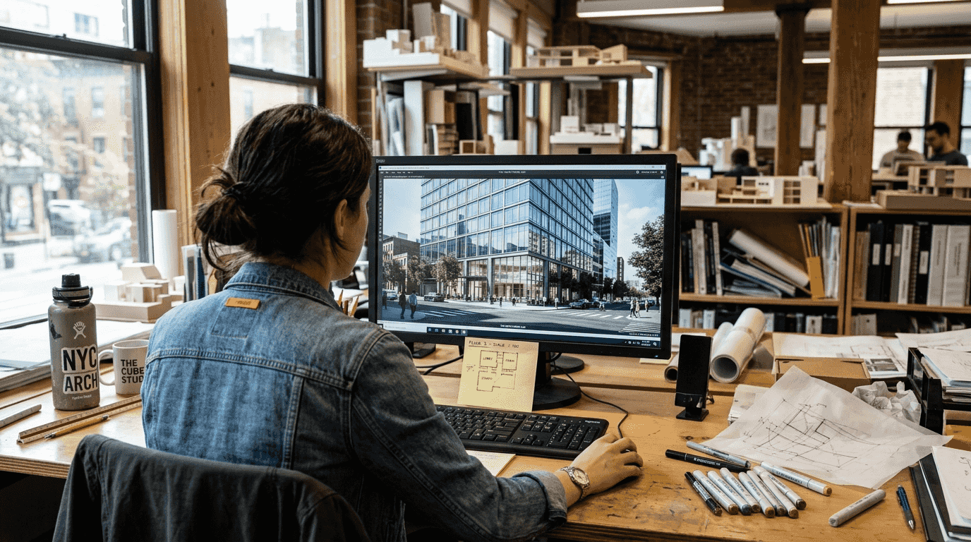 Architect reviews detailed 3D building rendering