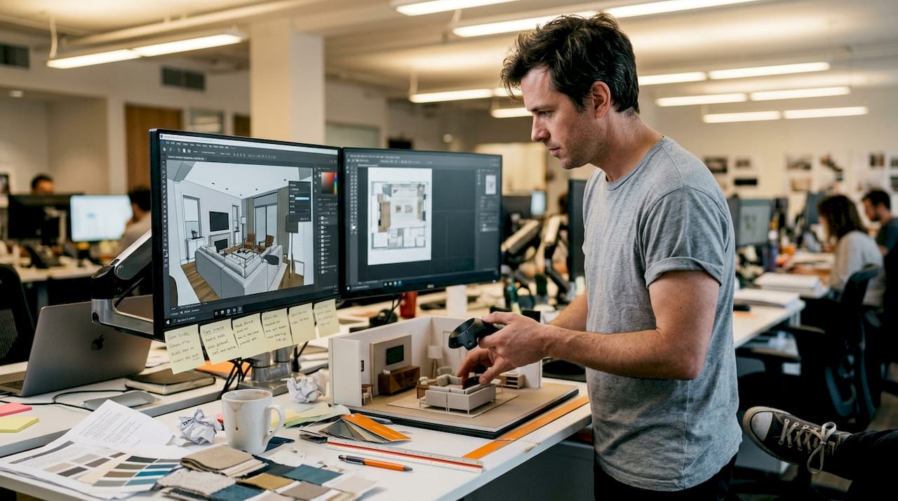 Designer editing model with VR and monitors